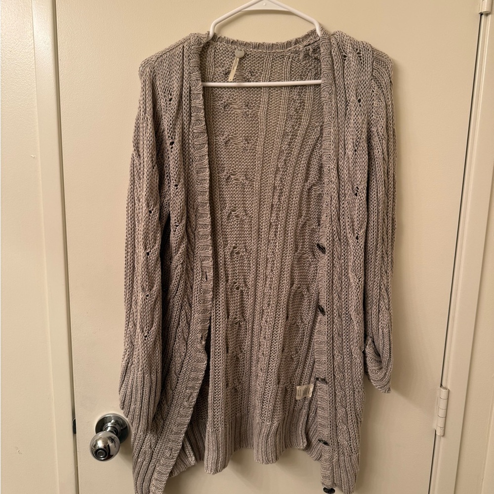 Margaret O'Leary Light Gray Cable Knit 100% Linen Cardigan Size S